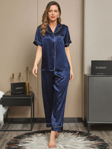 [Mörkblå] SilkSilky-SE Short Sleeve Lapel Collar Dam Pyjama 001