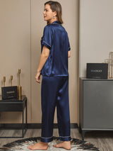 [Mörkblå] SilkSilky-SE Short Sleeve Lapel Collar Dam Pyjama 002