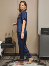[Mörkblå] SilkSilky-SE Short Sleeve Lapel Collar Dam Pyjama 005