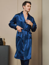 [Mörkblå] SilkSilky-SE 19Momme Rent Silke Lång Ärm Mens Robe 001