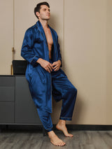 [Mörkblå] SilkSilky-SE 19Momme Rent Silke Lång Ärm Mens Robe 003