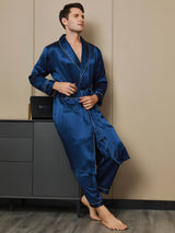 [Mörkblå] SilkSilky-SE 19Momme Rent Silke Lång Ärm Mens Robe 006