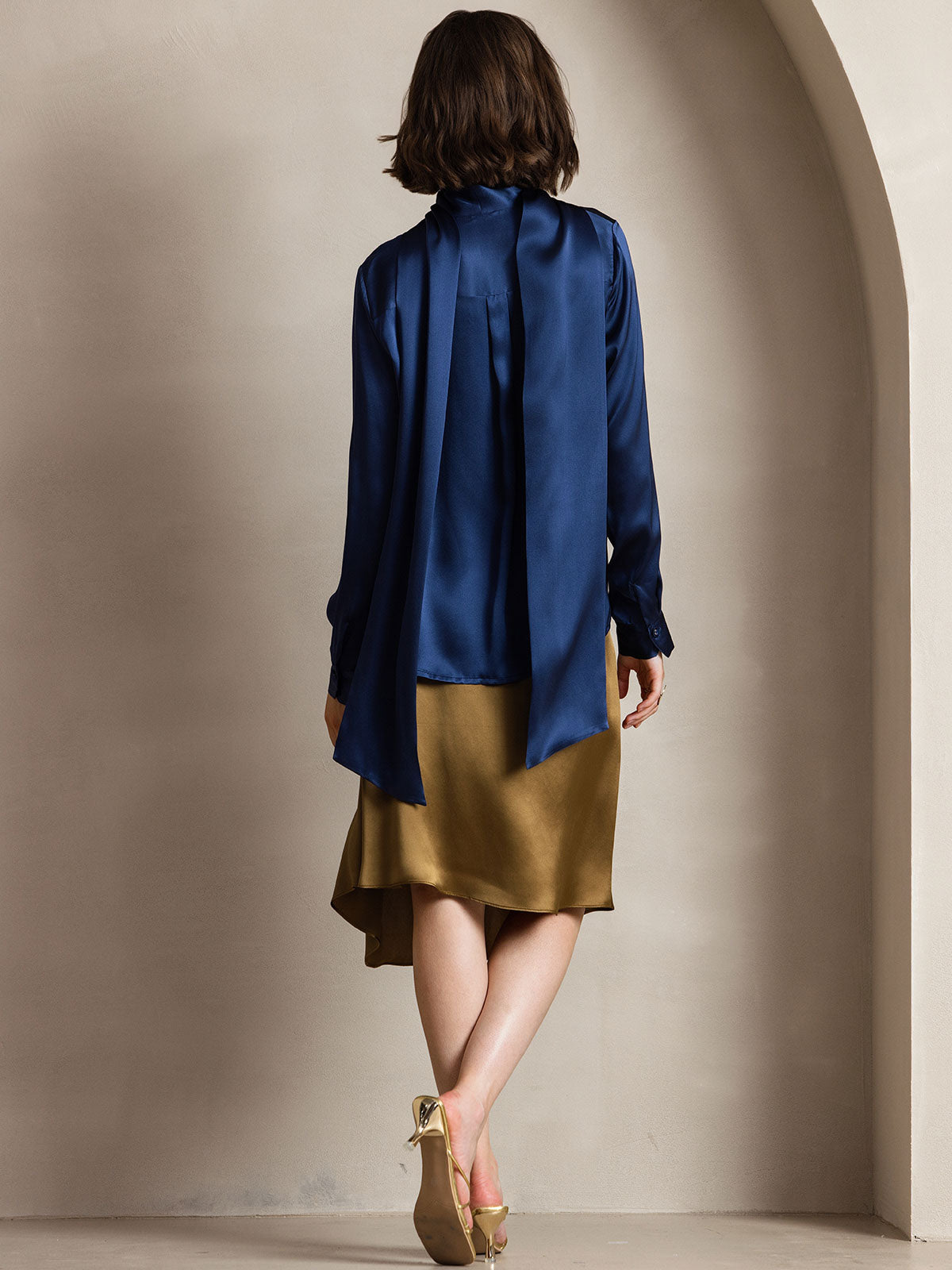 [Mörkblå] SilkSilky-SE 19Momme Silke Lång Ärm Blouse 002