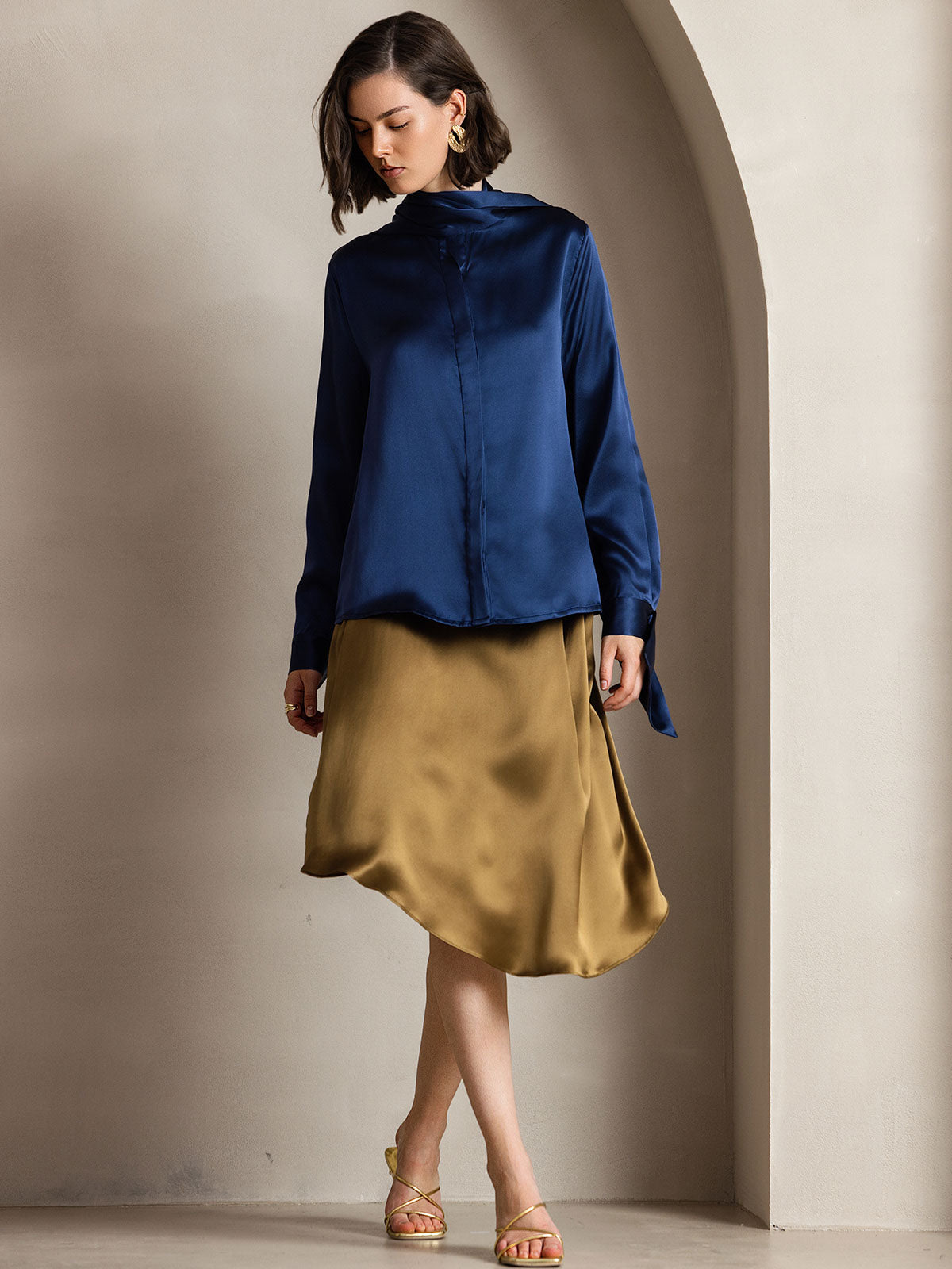 [Mörkblå] SilkSilky-SE 19Momme Silke Lång Ärm Blouse 003