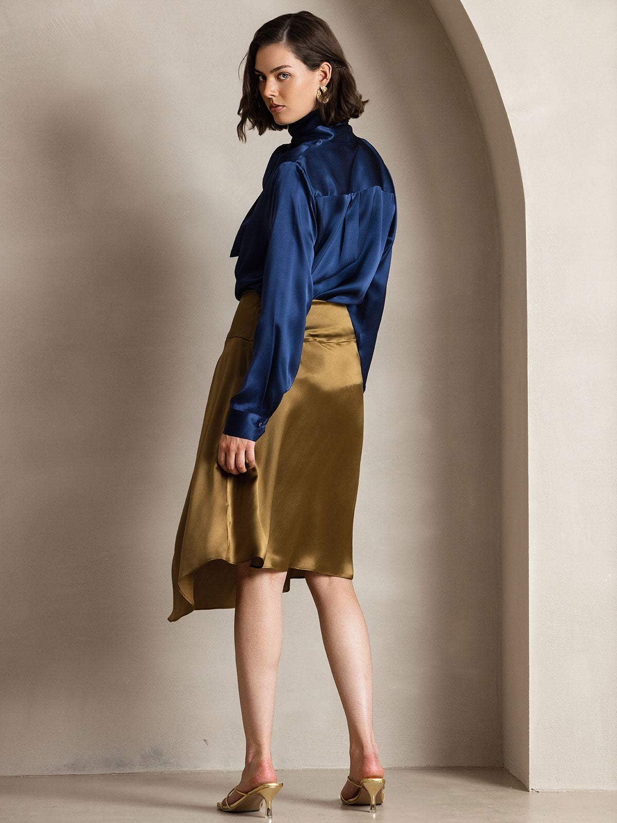 [Mörkblå] SilkSilky-SE 19Momme Silke Lång Ärm Blouse 004