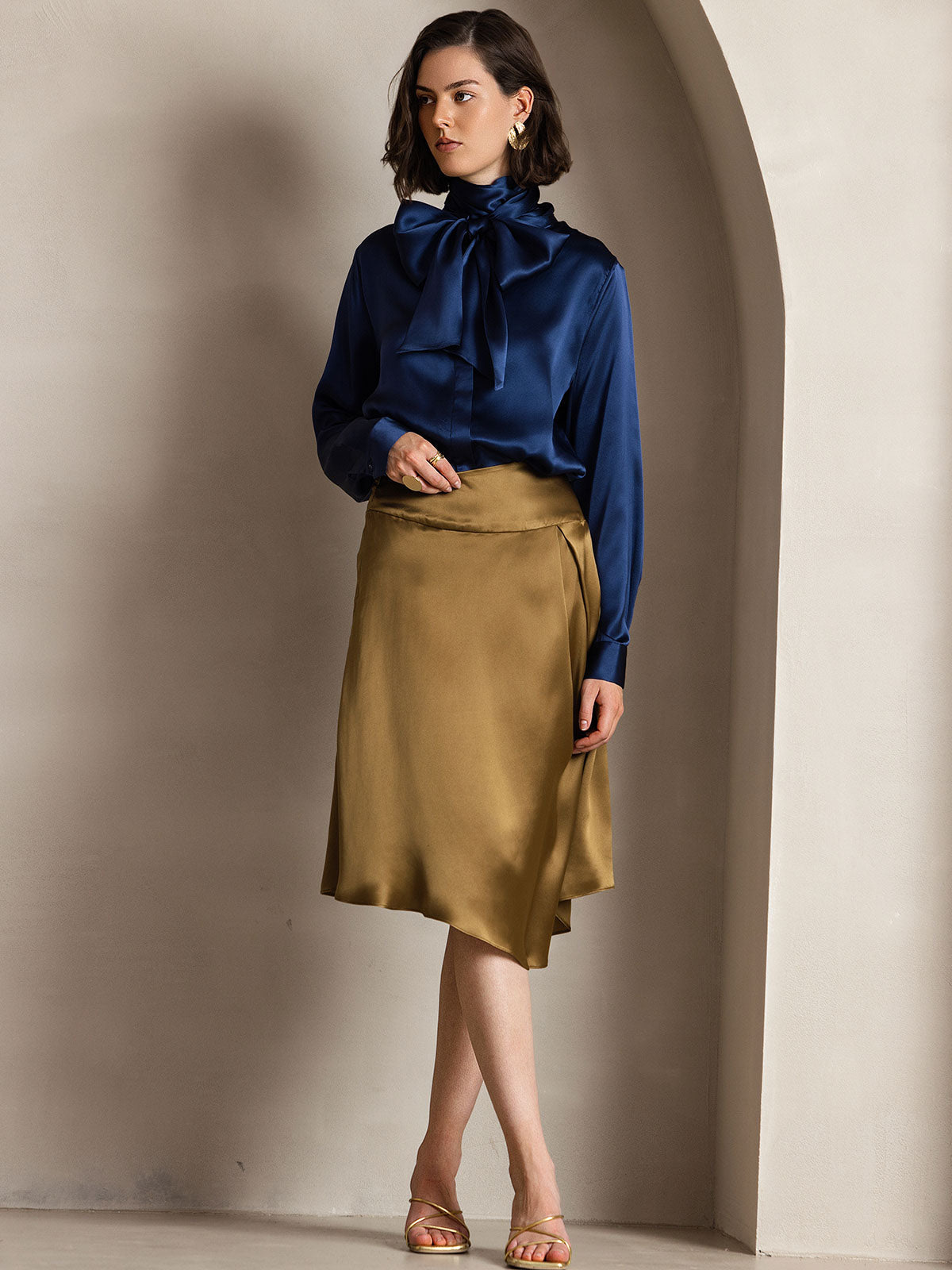 [Mörkblå] SilkSilky-SE 19Momme Silke Lång Ärm Blouse 005