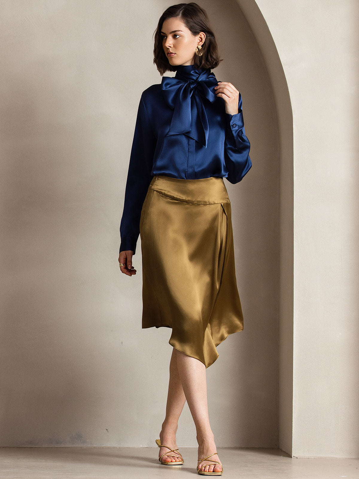 [Mörkblå] SilkSilky-SE 19Momme Silke Lång Ärm Blouse 007