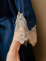[Mörkblå] SilkSilky-SE 3/4 Sleeve V Neck Dam Nattlinne&Morgonrock Set 009