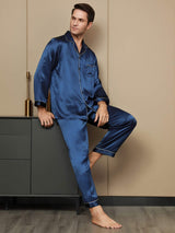 [Mörkblå] SilkSilky-SE Long Sleeve Lapel Collar Herr Pyjama 001