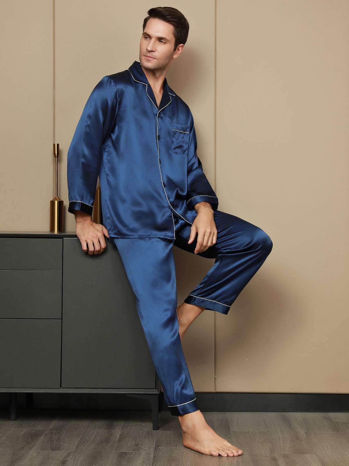 [Mörkblå] SilkSilky-SE Long Sleeve Lapel Collar Herr Pyjama 001