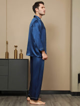 [Mörkblå] SilkSilky-SE Long Sleeve Lapel Collar Herr Pyjama 003