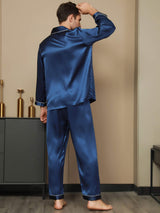 [Mörkblå] SilkSilky-SE Long Sleeve Lapel Collar Herr Pyjama 004
