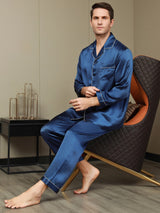 [Mörkblå] SilkSilky-SE Long Sleeve Lapel Collar Herr Pyjama 006
