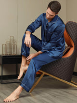 [Mörkblå] SilkSilky-SE Long Sleeve Lapel Collar Herr Pyjama 007