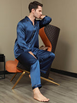 [Mörkblå] SilkSilky-SE Long Sleeve Lapel Collar Herr Pyjama 008