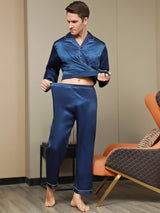 [Mörkblå] SilkSilky-SE Long Sleeve Lapel Collar Herr Pyjama 009