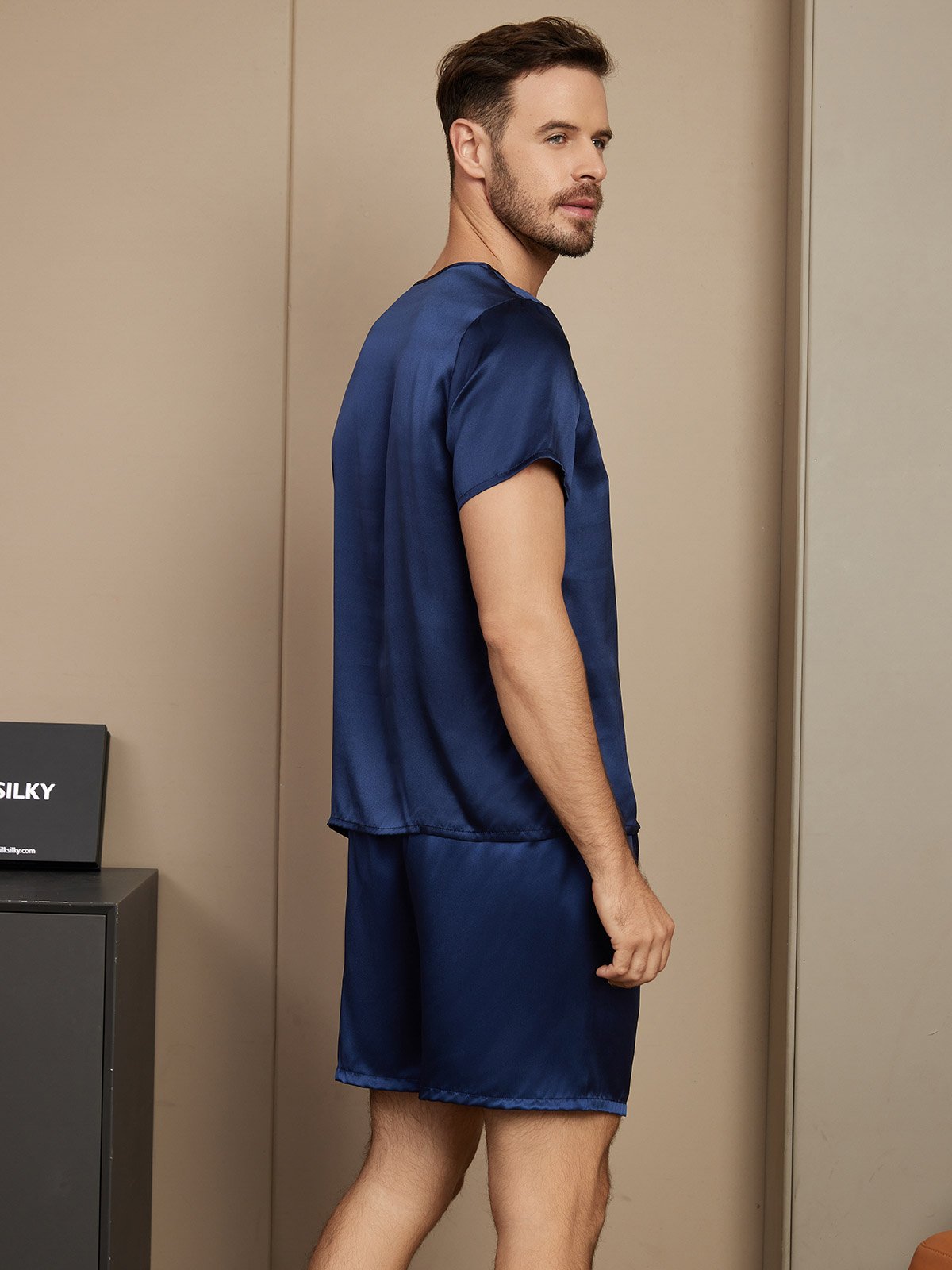 [Mörkblå] SilkSilky-SE Short Sleeve Round Neck Herr Pyjama 002