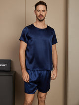 [Mörkblå] SilkSilky-SE Short Sleeve Round Neck Herr Pyjama 003