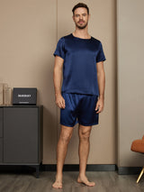 [Mörkblå] SilkSilky-SE Short Sleeve Round Neck Herr Pyjama 005