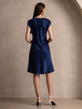 [Mörkblå] SilkSilky-SE Cap Sleeve V Neck Klänning 002