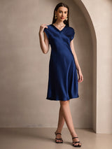 [Mörkblå] SilkSilky-SE Cap Sleeve V Neck Klänning 003