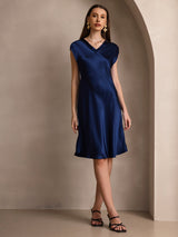 [Mörkblå] SilkSilky-SE Cap Sleeve V Neck Klänning 004