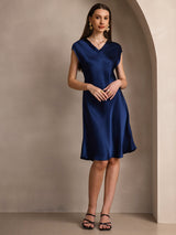 [Mörkblå] SilkSilky-SE Cap Sleeve V Neck Klänning 005