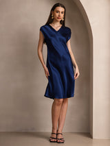 [Mörkblå] SilkSilky-SE Cap Sleeve V Neck Klänning 006