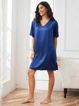 [Mörkblå] SilkSilky-SE Half Sleeve V Neck Nattlinne 004