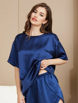 [Mörkblå] SilkSilky-SE Short Sleeve Round Neck Dam Pyjama 003