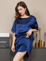 [Mörkblå] SilkSilky-SE Short Sleeve Round Neck Dam Pyjama 005