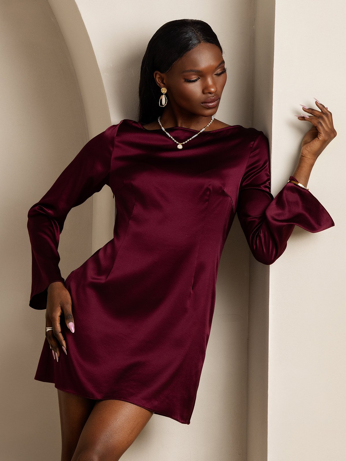 [Mörkröd] SilkSilky-SE Long Sleeve Boat Neck Klänning 001