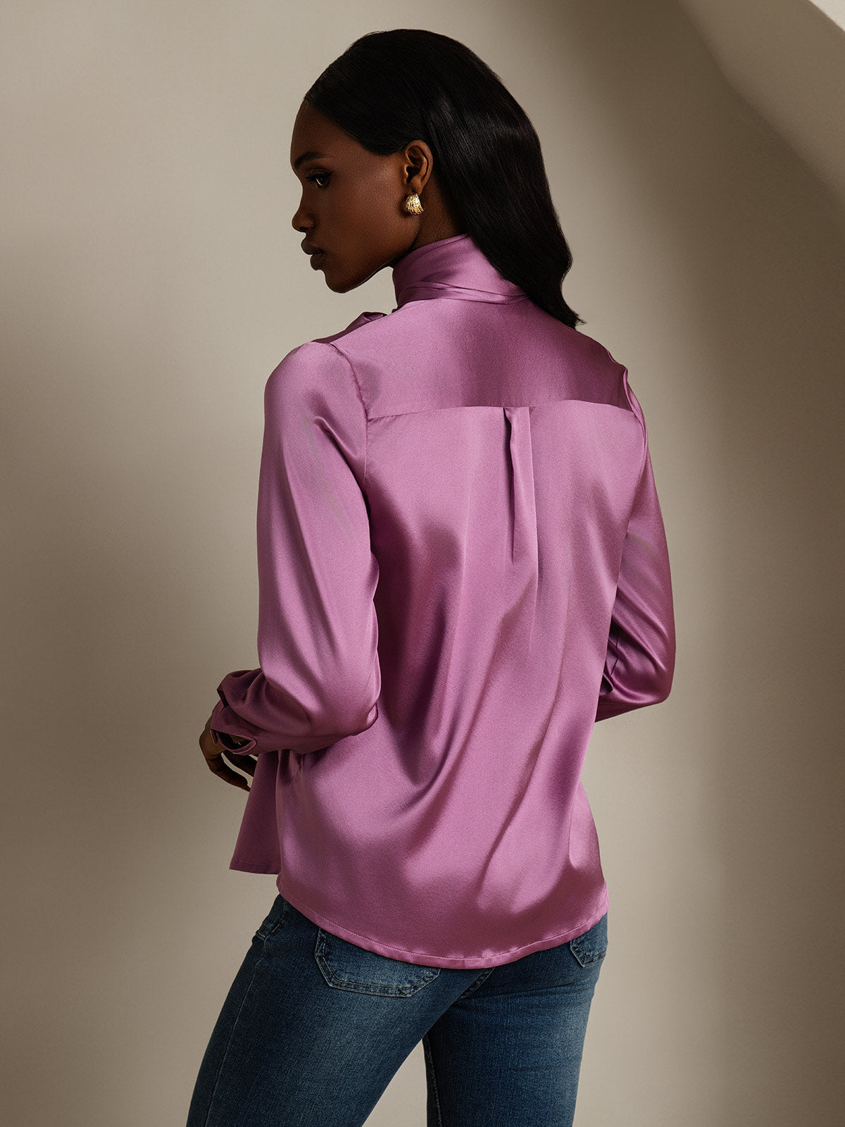 [Mörklila] SilkSilky-SE 19Momme Silke Lång Ärm Blouse 002