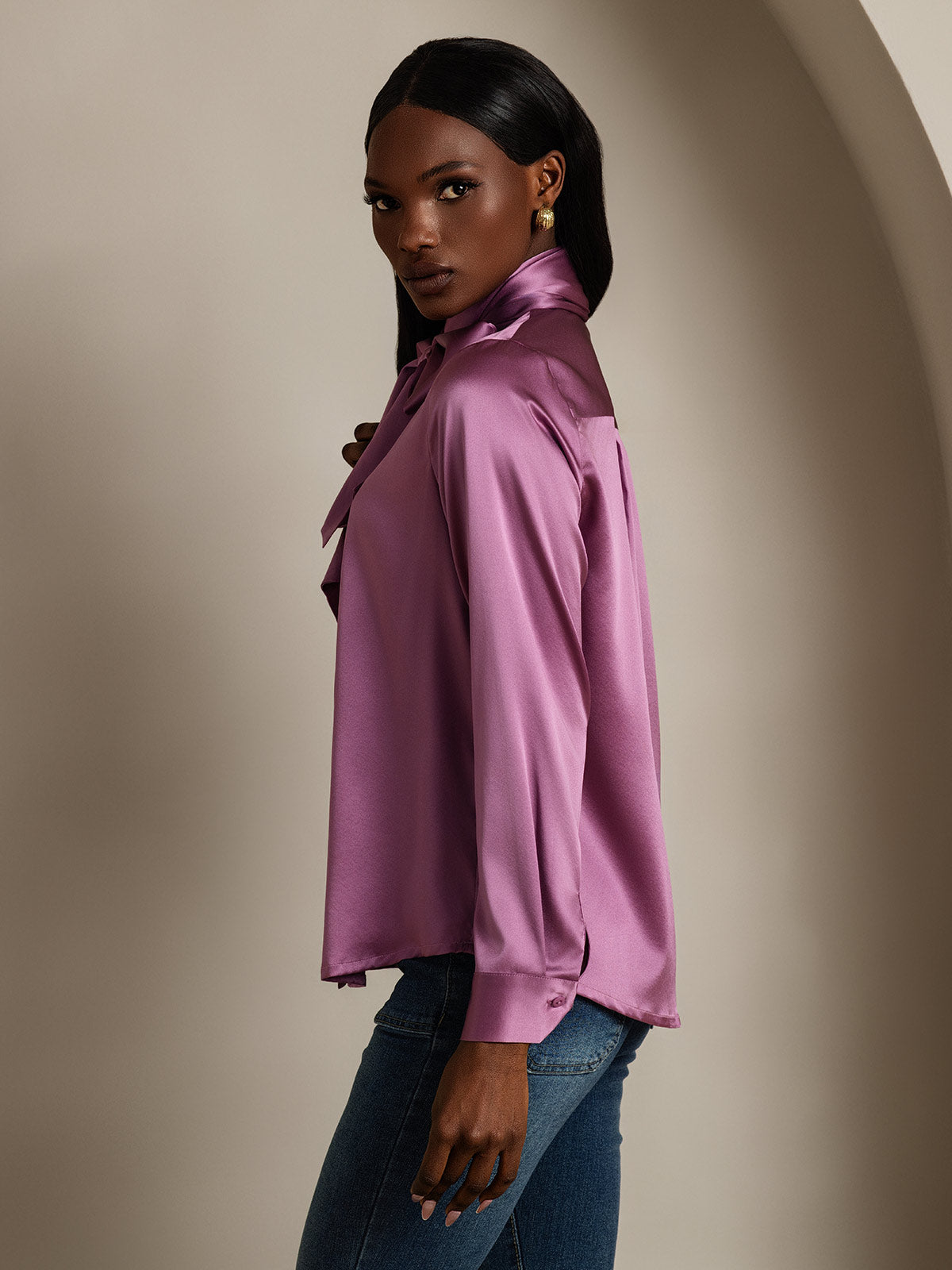 [Mörklila] SilkSilky-SE 19Momme Silke Lång Ärm Blouse 004