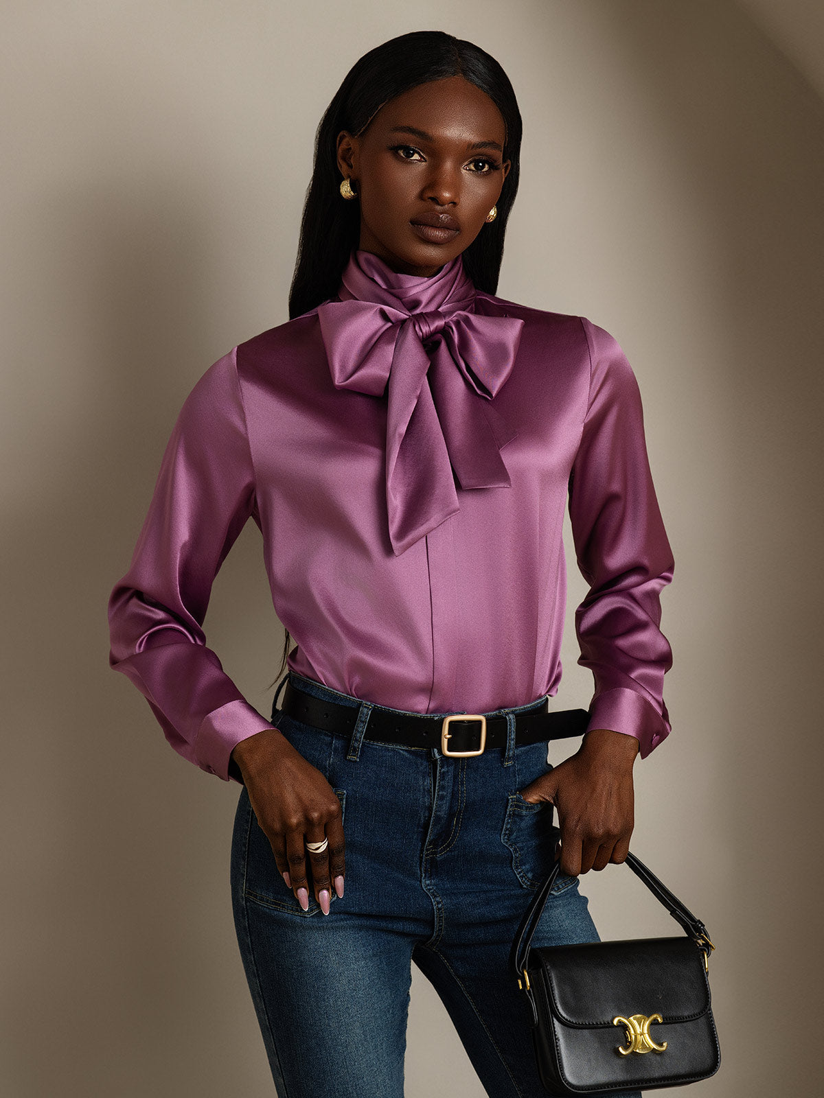 [Mörklila] SilkSilky-SE 19Momme Silke Lång Ärm Blouse 006