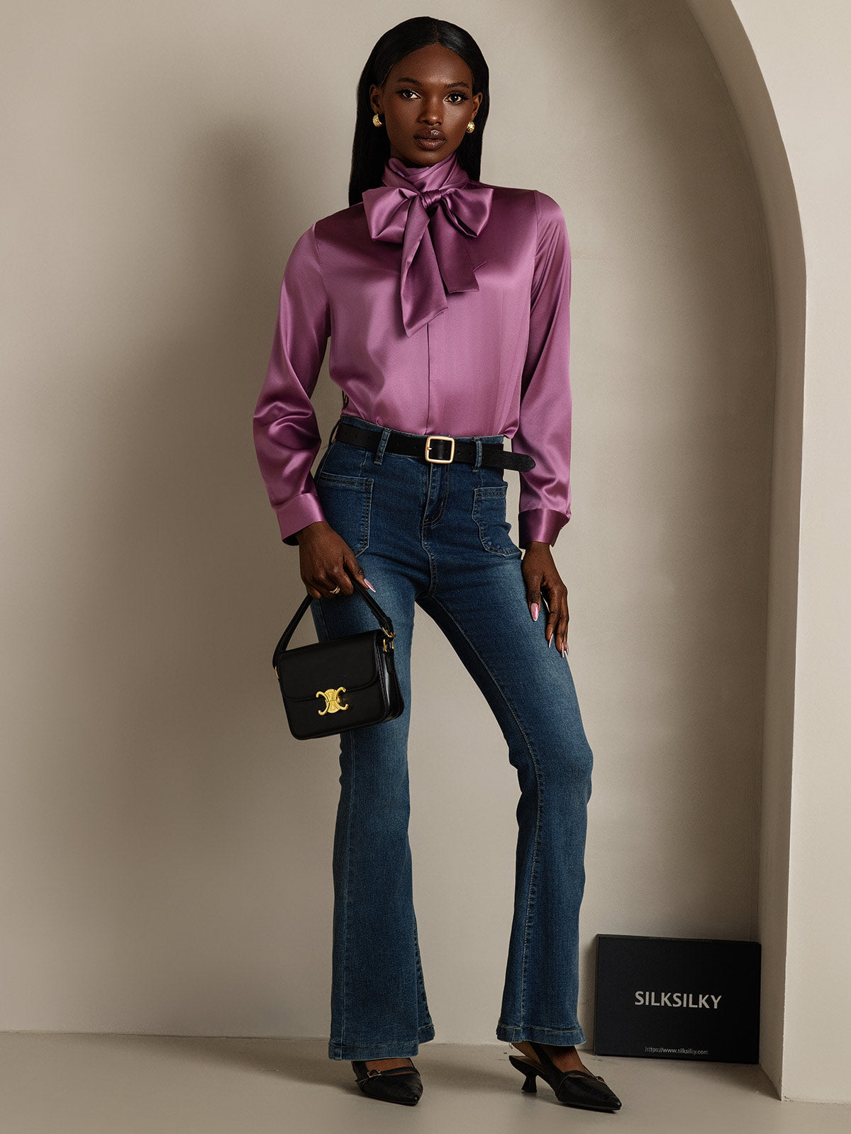 [Mörklila] SilkSilky-SE 19Momme Silke Lång Ärm Blouse 007