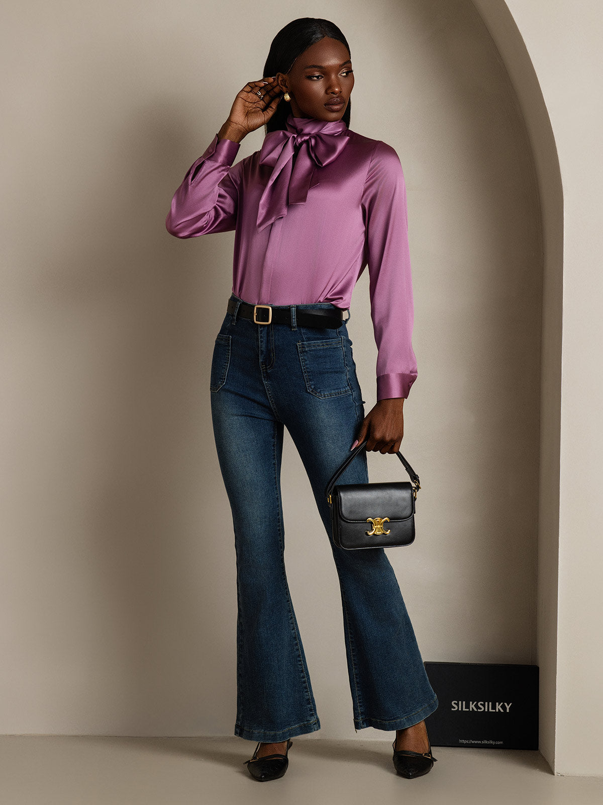 [Mörklila] SilkSilky-SE 19Momme Silke Lång Ärm Blouse 008