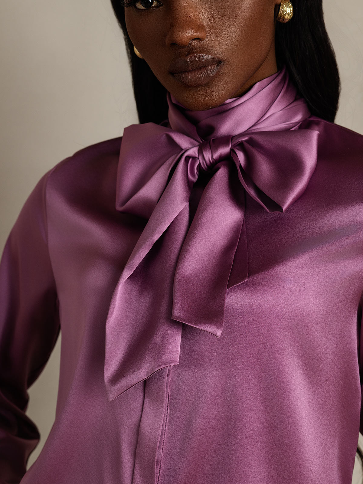 [Mörklila] SilkSilky-SE 19Momme Silke Lång Ärm Blouse 009