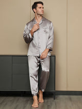 [Grå] SilkSilky-SE Long Sleeve Lapel Collar Herr Pyjama 004