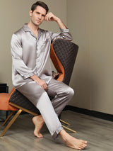 [Grå] SilkSilky-SE Long Sleeve Lapel Collar Herr Pyjama 007