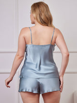 [Gråblå] SilkSilky-SE Spaghetti Rem V Ringning Plus Storlek Camisole Set 002