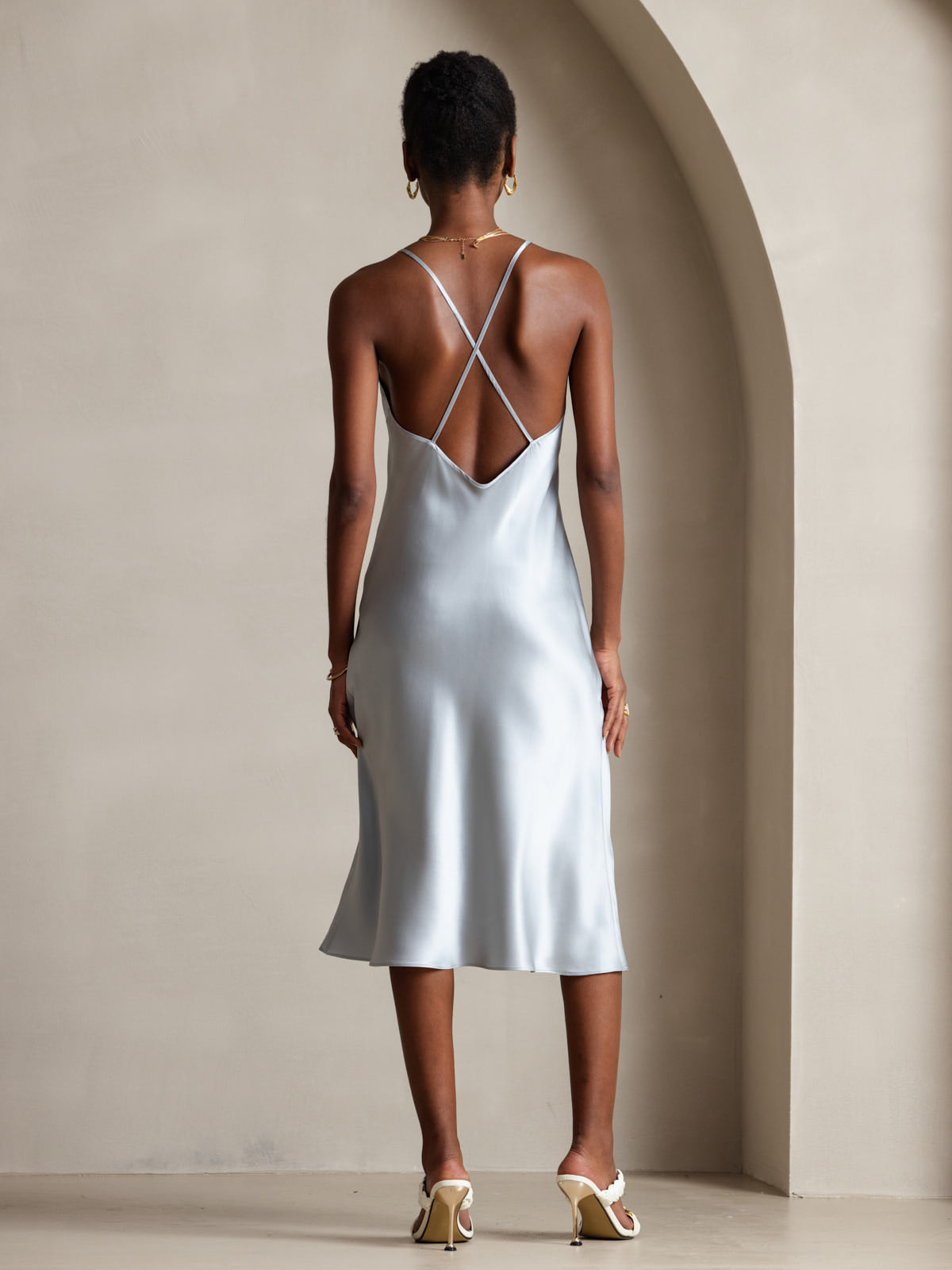 [Gråblå] SilkSilky-SE Spaghetti Strap V Neck Klänning 002