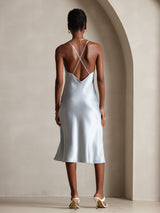[Gråblå] SilkSilky-SE Spaghetti Strap V Neck Klänning 002