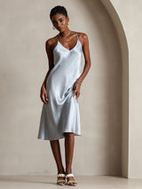 [Gråblå] SilkSilky-SE Spaghetti Strap V Neck Klänning 003