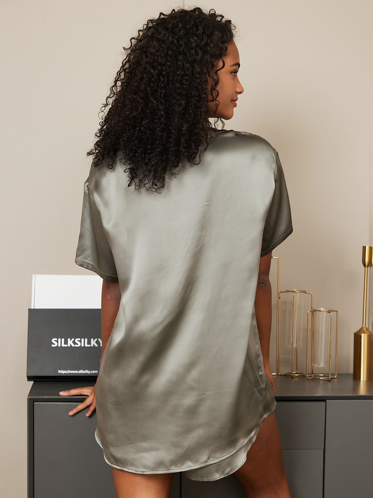[Grågrön] SilkSilky-SE Short Sleeve Round Neck Dam Pyjama 002