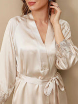 [Elfenben] SilkSilky-SE 3/4 Sleeve V Neck Dam Nattlinne&Morgonrock Set 009