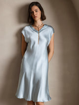[Ljusblå] SilkSilky-SE Cap Sleeve V Neck Klänning 003