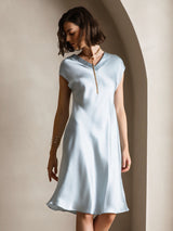 [Ljusblå] SilkSilky-SE Cap Sleeve V Neck Klänning 004