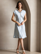 [Ljusblå] SilkSilky-SE Cap Sleeve V Neck Klänning 005
