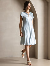 [Ljusblå] SilkSilky-SE Cap Sleeve V Neck Klänning 006